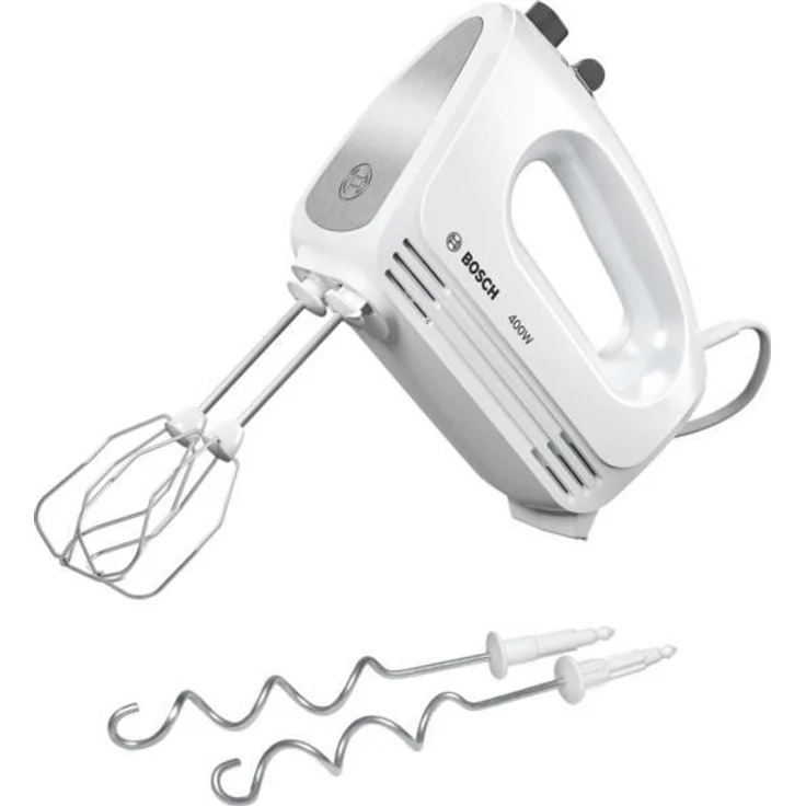 Bosch Clever Mixx MFQ24200 Handrührer, moderne Motortechnik, 2 Tubobesen, 2 Edelstahl-Knethaken, 4 Geschwindigkeitsstufen, 400 W, weiß - silber – Bild 1