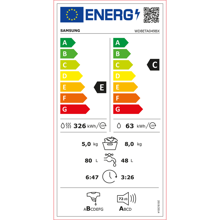 Samsung WD8ETA049BX, Waschtrockner, Energieeffizienzklasse E, Standgerät, Breite 60 cm, Geräuschemissionsklasse A, Beladungserkennung, Dampffunktion – Bild 6