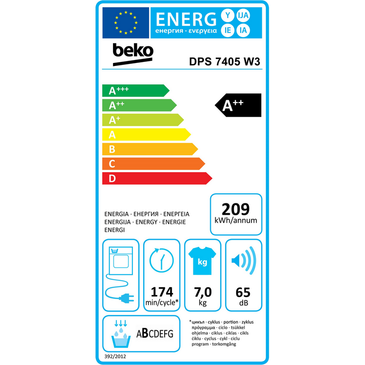 Beko DPS 7405 W3, Wärmepumpentrockner, A++, Fassungsvermögen 7 kg, Standgerät, Breite 59,5 cm, Kindersicherung, Startzeitvorwahl – Bild 12