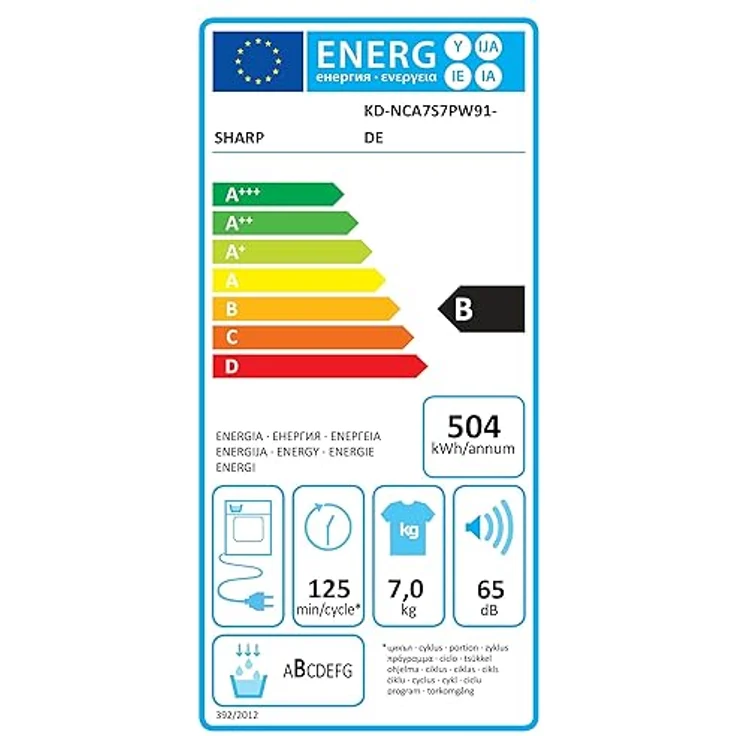 Sharp KD-NCA7S7PW91-DE Kondenstrockner, 7kg, LED-Display/Trommelbeleuchtung, 15 Trockenprogramme inkl. 12-Minuten-Schnelltrockenprogramm, Startzeitvorwahl - Edelstahltrommel, B, weiß – Bild 6