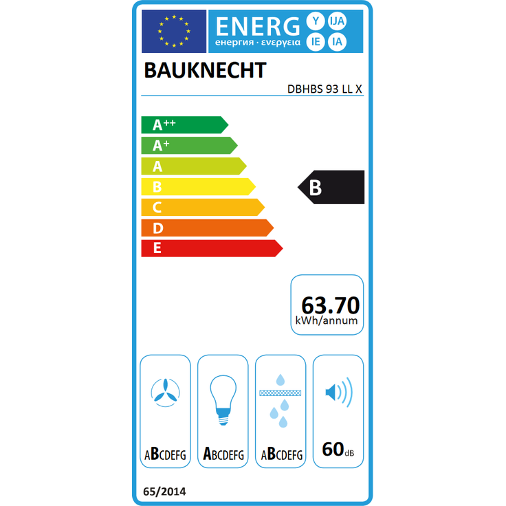 Bauknecht DBHBS 93 LL X Dunstabzugshaube, B, Abluft und Umluft, Wandmontage, 3 Gebläsestufen – Bild 2