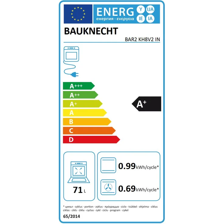 Bauknecht BAR2 KH8V2 IN, Backofen, A+, Einbaugerät, Netzbetrieb, Volumen 71 l, Breite 59,5 cm, Selbstreinigung hydrolytische Selbstreinigung – Bild 7