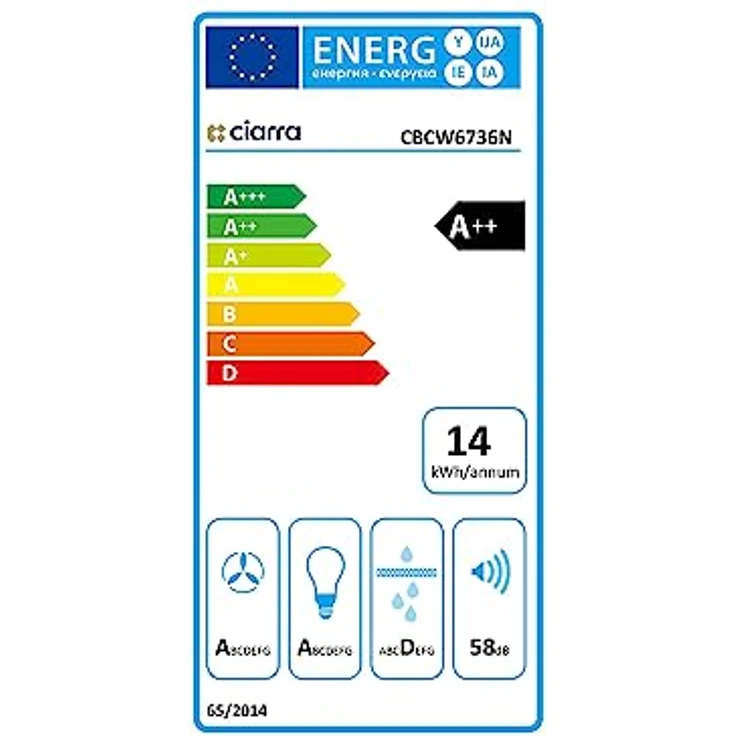 CIARRA CBCW6736N A + + Kopffreie Dunstabzugshaube Schräghaube 60cm 650m³/h TouchControl Dimmbar LED-Beleuchtung mit CBCF003 Aktivkohlefilter – Bild 6