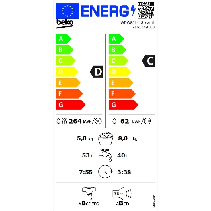 Beko WDW85141Steam1 7161549100, Waschtrockner, Energieeffizienzklasse D, Standgerät, Breite 60 cm, Geräuschemissionsklasse C, Dampffunktion – Bild 13