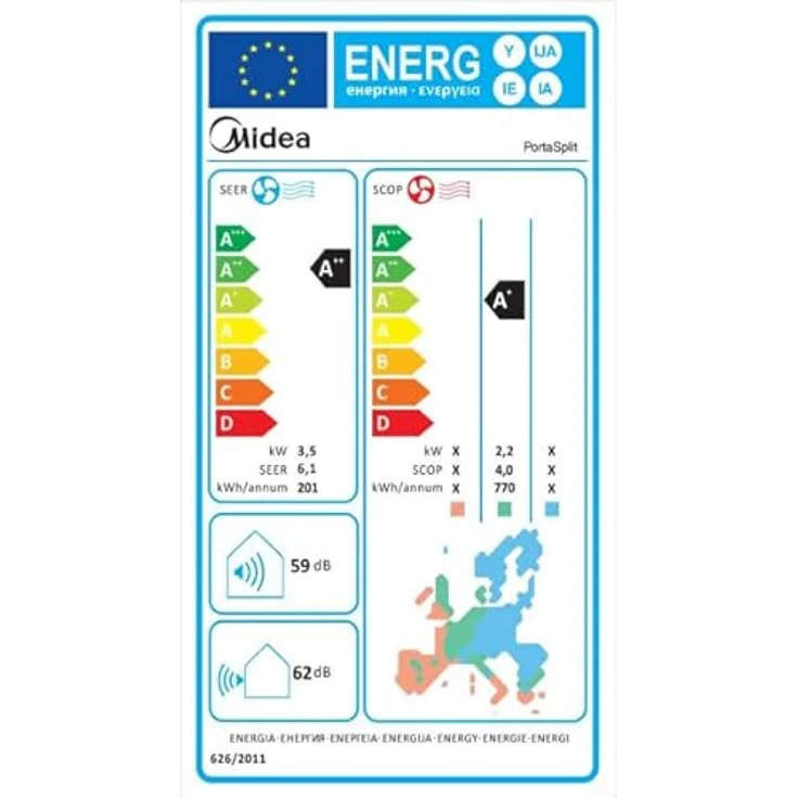 Midea Portasplit Klimaanlage, 4-in-1 Mobile Klimaanlage, Kühlen, Heizen, Entfeuchten, Ventilieren, A++/A+, 12000 BTU, 3,5kW, für Räume bis zu 42 m², leise 39 dB(A) im Silent-Modus – Bild 6