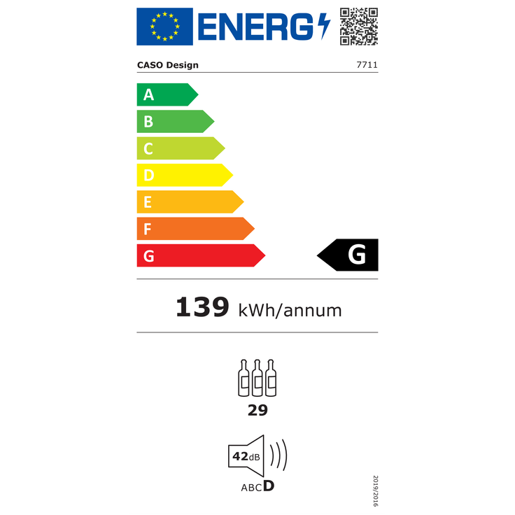 Caso 7711 Weinkühlschrank, WineDeluxe E 29, Einbau, 29 Flaschen, 1 Temperaturzone, Nischenhöhe 60 cm, Energieklasse G – Bild 2