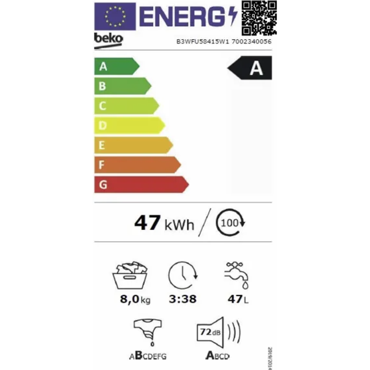 Beko B3WFU58415W1, Frontlader-Waschmaschine, A, Fassungsvermögen 8 kg, Standgerät, Breite 60 cm, weiß – Bild 2