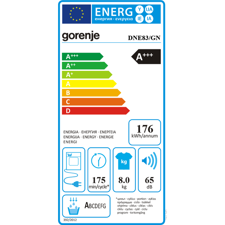 Gorenje DNE83/GN, Kondestrockner, A+++, Fassungsvermögen 8 kg, Standgerät, weiß – Bild 4
