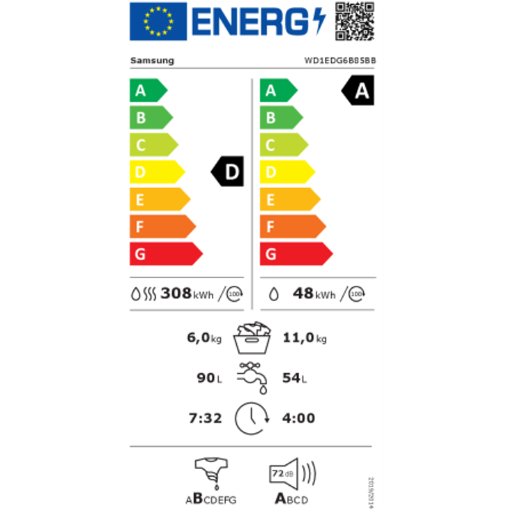 Samsung WD6400D Waschtrockner, 11+6 kg, EEK: D/A (-10%), AI Ecobubble, AI Wash, 1400 U/min, 72 dB, Schwarz – Bild 10
