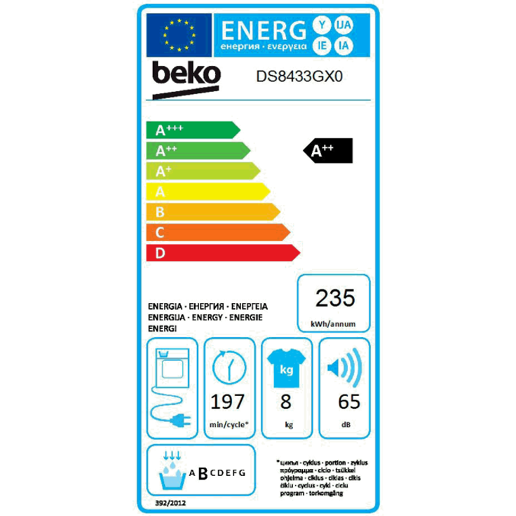 Beko DS8433GX0, Wärmepumpentrockner, A++, Fassungsvermögen 8 kg, Standgerät, Breite 59,7 cm, Startzeitvorwahl, Restlaufzeitanzeige – Bild 8