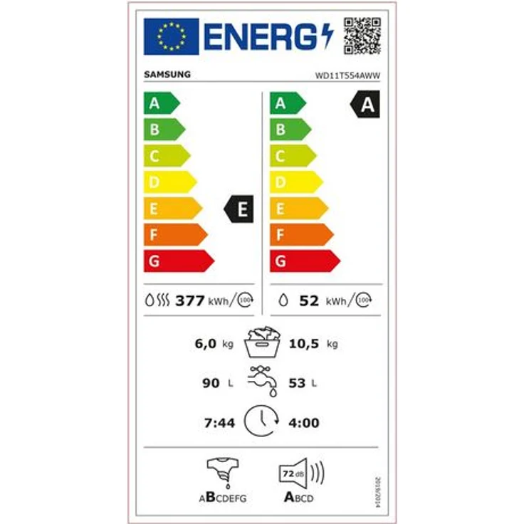 Samsung WD11T554AWW, Waschtrockner, Energieeffizienzklasse E, Standgerät, Breite 60 cm, Geräuschemissionsklasse A – Bild 6