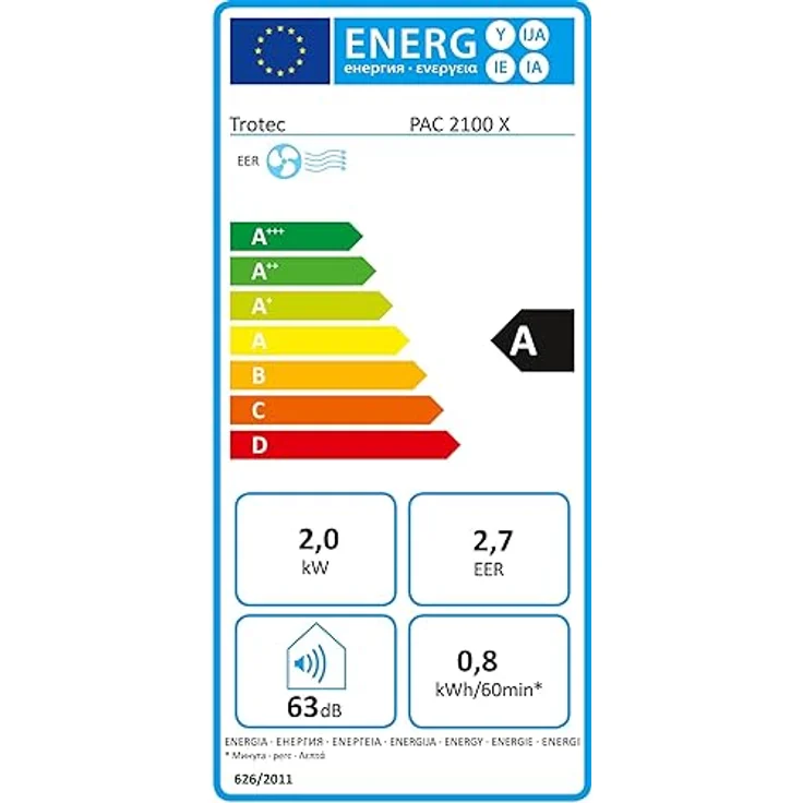 TROTEC PAC 2100 X mobile Klimaanlage 3-in-1 Kühlung, Ventilation, Entfeuchtung Monoblock-Klimagerät 2 kW 7.000 BTU/h für Raumgrößen bis 26 m² und 65 m³ 2 Ventilationsstufen, Energieeffizienzklasse A, weiß – Bild 6