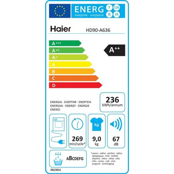 Haier HD90A636, Wärmepumpentrockner, A++, Fassungsvermögen 9 kg, Standgerät, Breite 59,5 cm, Kindersicherung, Wärmepumpe – Bild 16