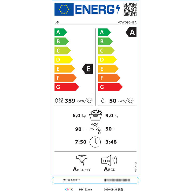 LG V7WD96H1A, Waschtrockner, Energieeffizienzklasse E, Standgerät, Breite 60 cm, Geräuschemissionsklasse A – Bild 2