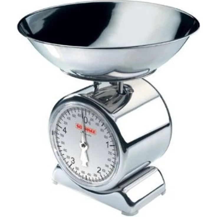 Soehnle Analoge Küchenwaage Silvia aus Edelstahl mit abnehmbarer Wiegeschale, Haushaltswaage mit großer Vollsichtskala, Küchenwaage analog mit 5 kg Tragkraft