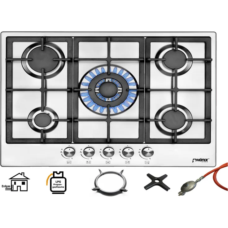 Phönix PS-701T Gaskochfeld Gaskocher 5 flammen Edelstahl Einbauherd 70cm Propan-Erdgas