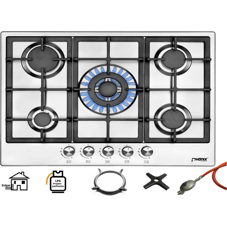 Phönix PS-701T Gaskochfeld Gaskocher 5 flammen Edelstahl Einbauherd 70cm Propan-Erdgas