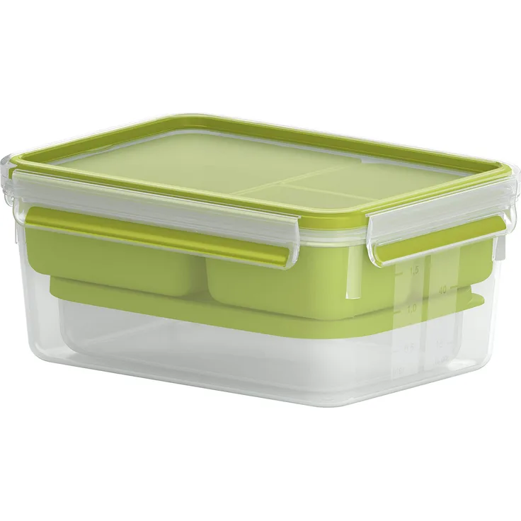 Emsa N1071600 Clip & Go Lunchbox XL (Fassungsvermögen: 2,3 Liter, rechteckig, inkl. 3 Einsätze und extra Behälter) transparent-hellgrün