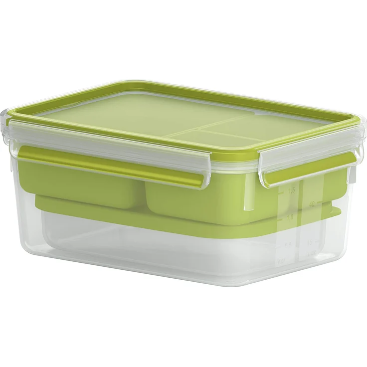 Emsa N1071600 Clip & Go Lunchbox XL (Fassungsvermögen: 2,3 Liter, rechteckig, inkl. 3 Einsätze und extra Behälter) transparent-hellgrün – Bild 1