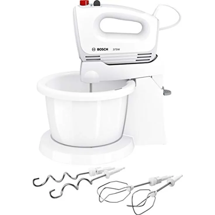 Bosch MFQ2600W CleverMixx Handrührer, 375 Watt, Schüssel mit Geräteständer, 4 Stufen, weiß-rot