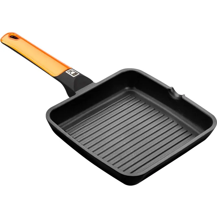 BRA Efficient orange Grillpfanne mit Rillen, Aluminium Druckguss Bräter mit Antihaftbeschichtung Teflon Platinum Plus 22 cm