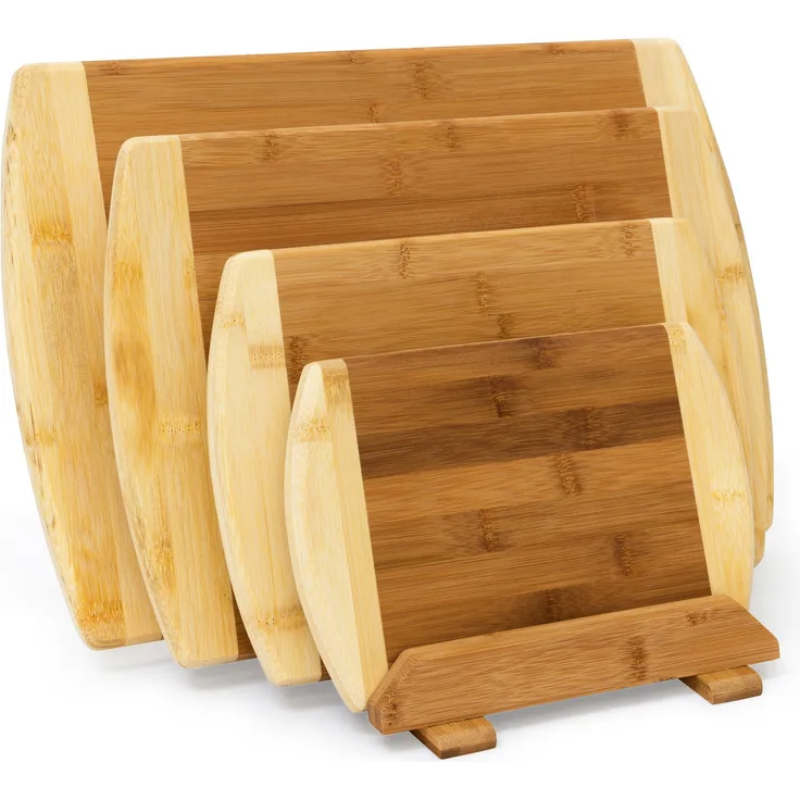Relaxdays Schneidebrett aus Bambus 4-er Set mit Ständer Küchenbretter in verschiedenen Größen 2-farbiges Holz beidseitig nutzbar und messerschonend als Frühstücksbrettchen und Servierbrett Holz, natur