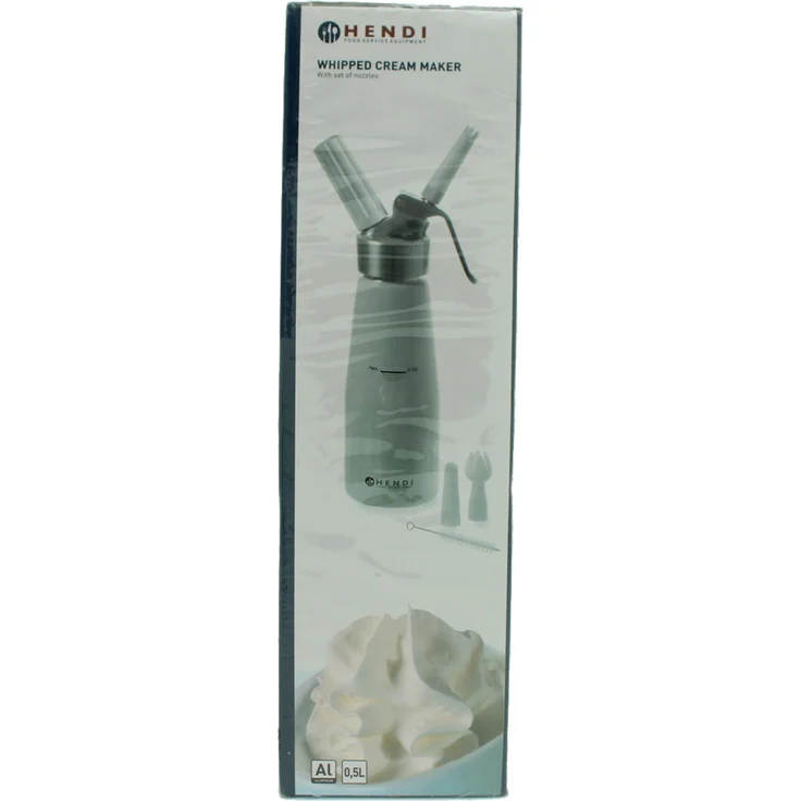 HENDI Sahnespender, Inklusive Set aus 3 Polypropylen Spritztüllen und Reinigungsbürste, Sahne-Mousses-Desserts-kalten Schäumen, 0,5L, ø80x(H)260mm, Aluminium, Weiß