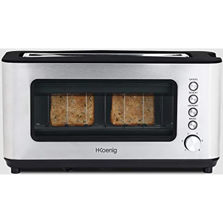 H.Koenig VIEW7 - Vintage-Edelstahl - 2 Scheiben - 6 Bräunungsstufen-Auftaufunktion-Brötchen, Toast-einfache Reinigung - 1200 W, Glas
