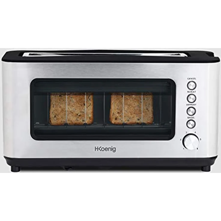 H.Koenig VIEW7 - Vintage-Edelstahl - 2 Scheiben - 6 Bräunungsstufen-Auftaufunktion-Brötchen, Toast-einfache Reinigung - 1200 W, Glas