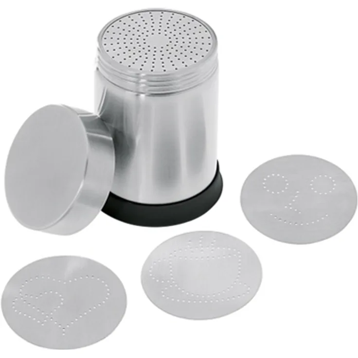 Westmark Dekorier- und Kakaostreuer, Mit 4 Motiv-Schablonen, Füllvolumen: 250 ml, Rostfreier Edelstahl-Kunststoff, Silber-Schwarz, 62842260