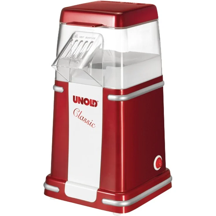 Unold 48525 Popcorn Maker Classic Heißluft Popcornmaschine für bis zu 100 g Mais, fettfrei, mit Messbecher, 900 Watt, rot-weiß, W, 220 V – Bild 3