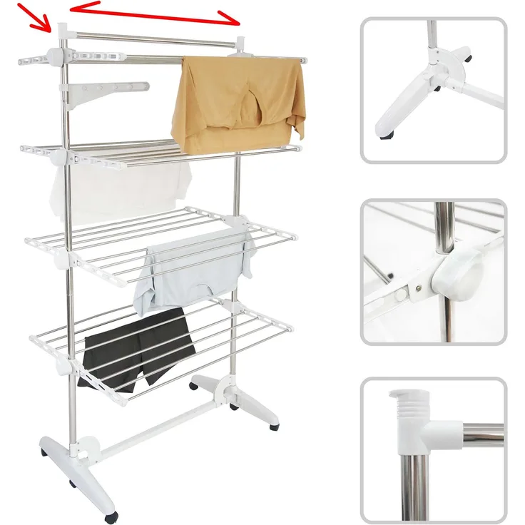 Todeco Wäsche-Trockengestell, Wäscheständer - Material: Edelstahlrohre - Maximale Belastbarkeit: 3 kg pro Stützstange - 4 Ablagen, Weiß, mit Flügeln und oberer Stange