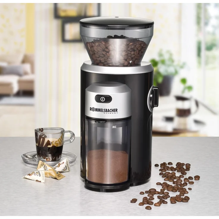 ROMMELSBACHER Kaffeemühle EKM 300 - Kegelmahlwerk aus Edelstahl, Mahlgrad in 12 Stufen, Mengendosierung bis 10 Portionen, Füllmenge Bohnenbehälter 220 g, 150 Watt, schwarz-silber  – Bild 6