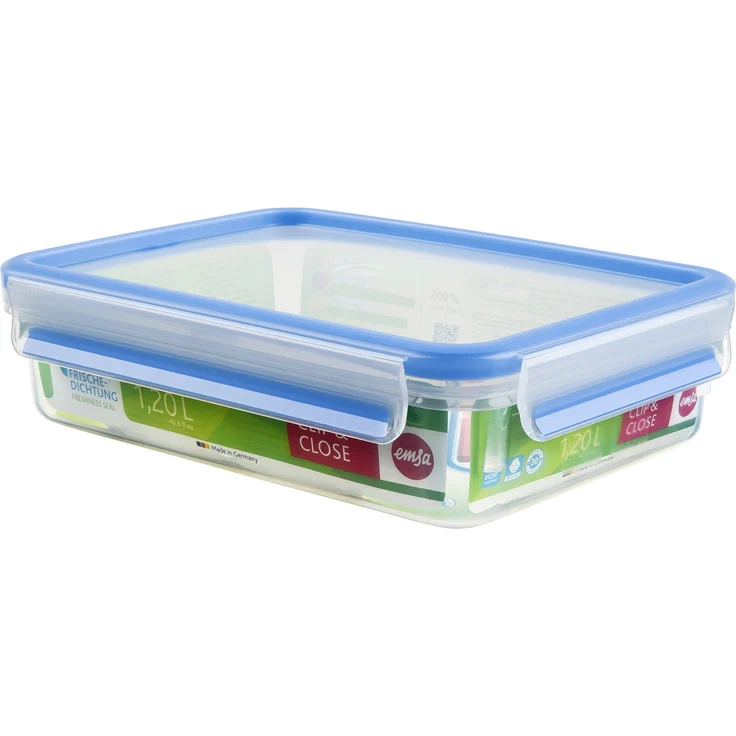 Emsa 508542 Rechteckige Frischhaltedose mit Deckel, 1.2 Liter, Transparent-Blau, Clip & Close – Bild 1