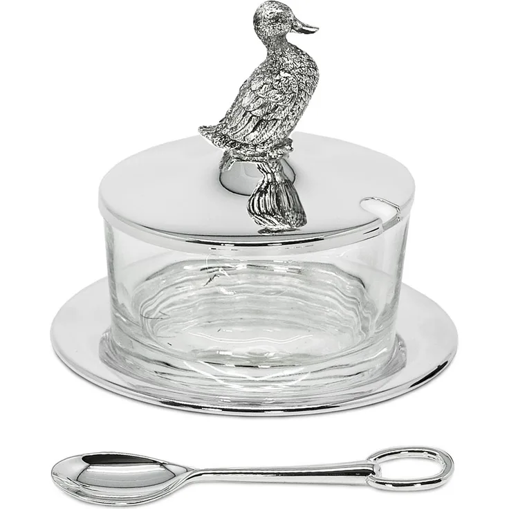 Marmeladenglas Ente mit Untersetzer und Löffel, edel versilbert, anlaufgeschützt, H 12 cm, ø 9 cm