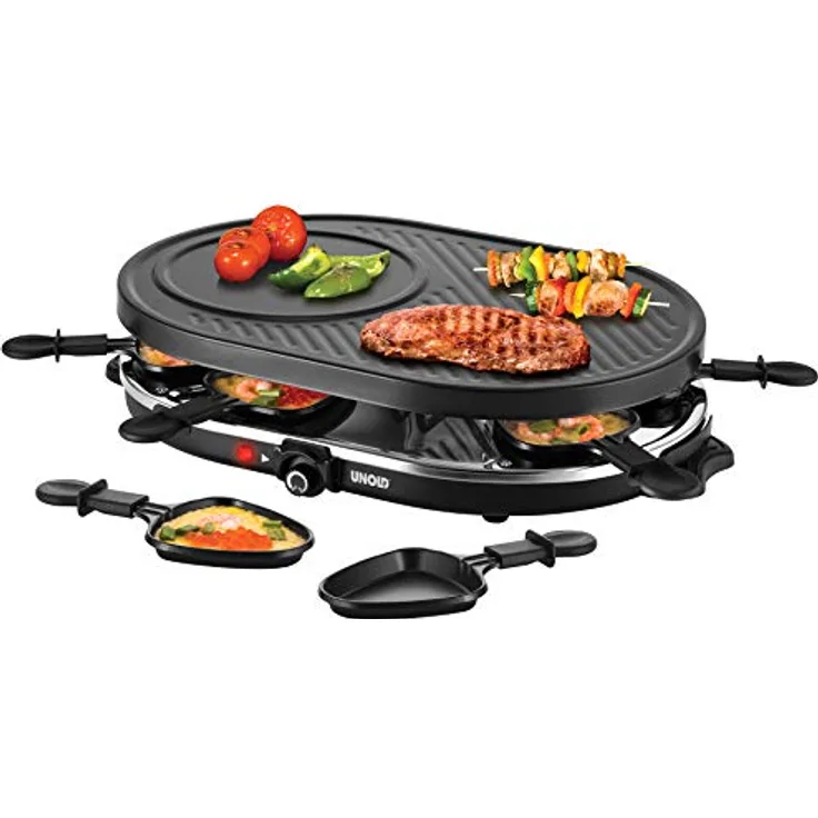 Unold 48795 RACLETTE Gourmet, 1200W, für bis zu 8 Personen, Antihaftbeschichtete Grillplatte, Glatte und geriffelte Oberfläche
