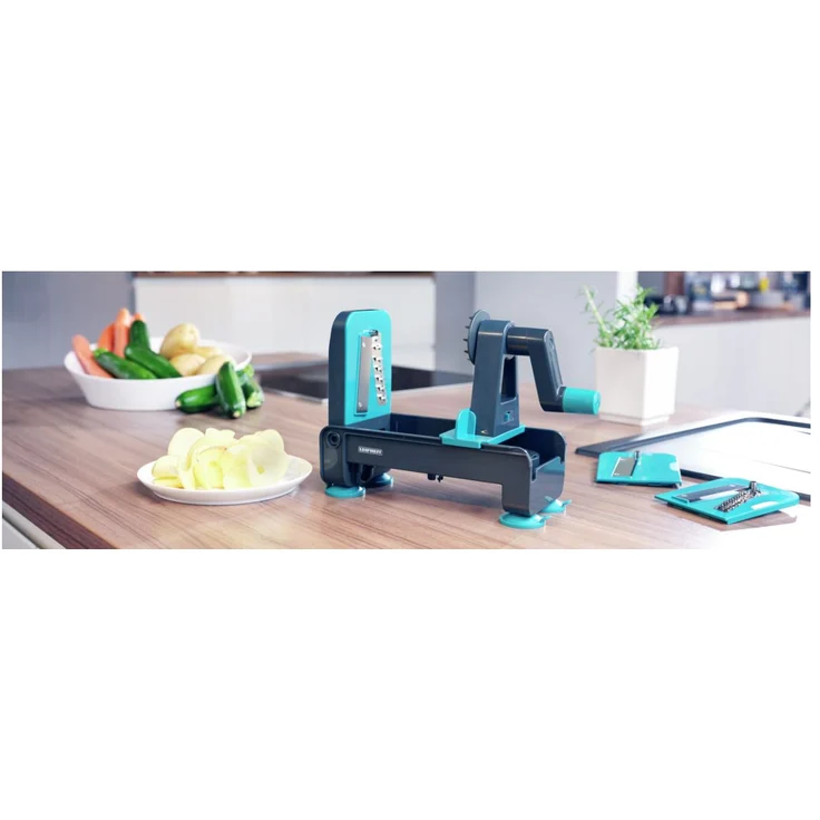 Leifheit Tisch-Spiralschneider, Zucchini Nudeln Schneider mit 3 Klingen für verschiedene Gemüsenudeln, platzsparend zusammenklappbar, standfester Julienne Schneider, Zoodlemaker spülmaschienengeeignet – Bild 3