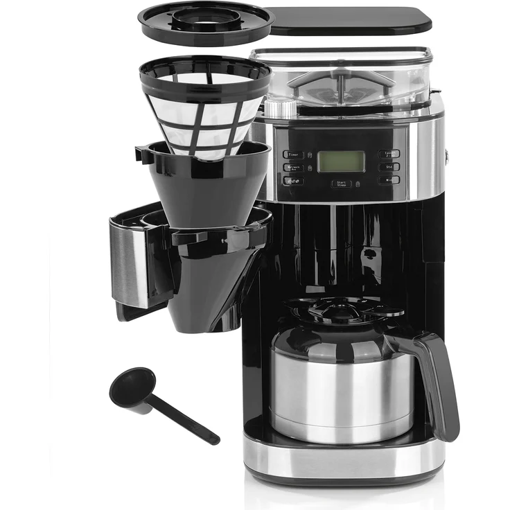 Barista Filterkaffeemaschine mit integriertem Mahlwerk, Für bis zu 12 Tassen Kaffee, Für Kaffeebohnen und Kaffeepulver (Mit Thermoskanne, 1000 Watt), Aluminium – Bild 2