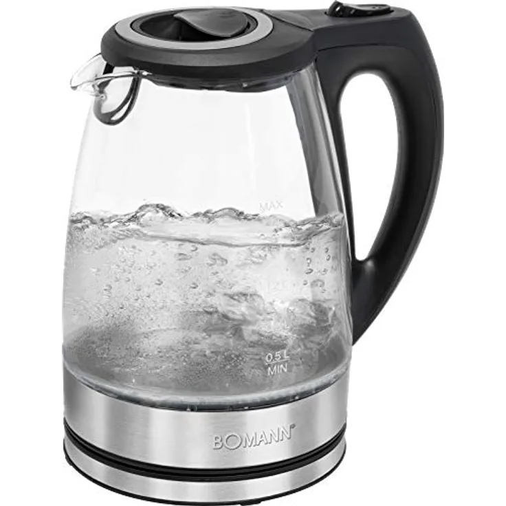 Bomann Glas-Wasserkocher WKS 6032 G CB, 1,7 Liter Füllmenge, Glas--Edelstahlgehäuse, kabellose Technik - leichtes Ein- und Ausgießen, verriegelter Sicherheitsklappdeckel, 360° drehbare Steckverbindung