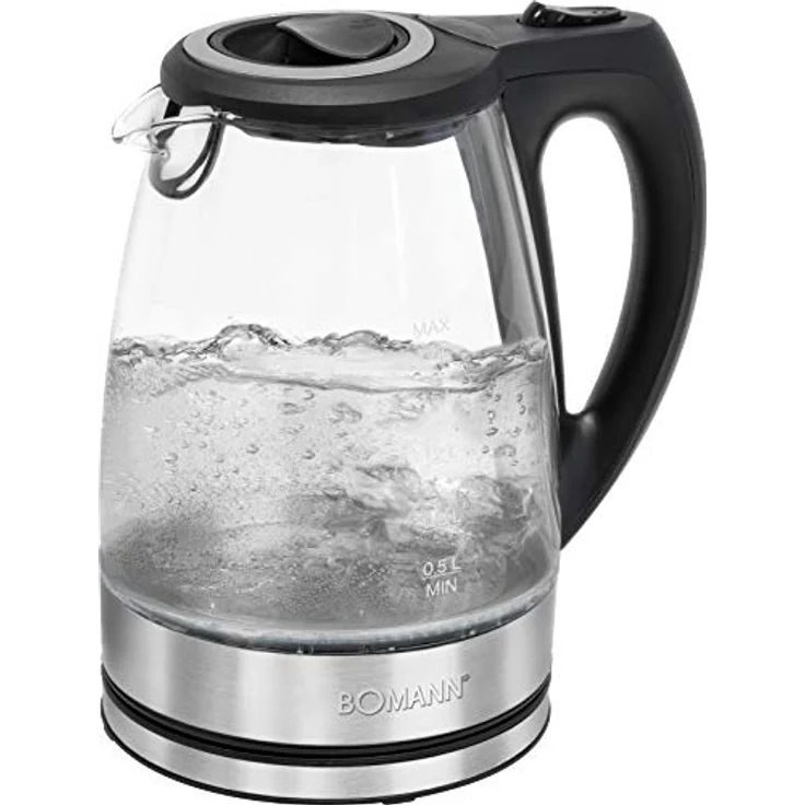 Bomann Glas-Wasserkocher WKS 6032 G CB, 1,7 Liter Füllmenge, Glas--Edelstahlgehäuse, kabellose Technik - leichtes Ein- und Ausgießen, verriegelter Sicherheitsklappdeckel, 360° drehbare Steckverbindung