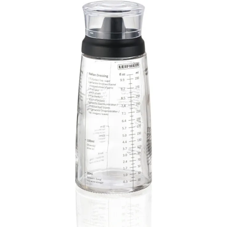 Leifheit Dressing Shaker, hochwertige Glasflasche mit verschiedenen Rezepten für Salatdressings, Messbecher mit tropffreien Ausguss, spülmaschinengeeigneter Dressingbehälter