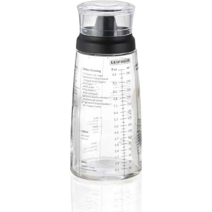 Leifheit Dressing Shaker, hochwertige Glasflasche mit verschiedenen Rezepten für Salatdressings, Messbecher mit tropffreien Ausguss, spülmaschinengeeigneter Dressingbehälter – Bild 1