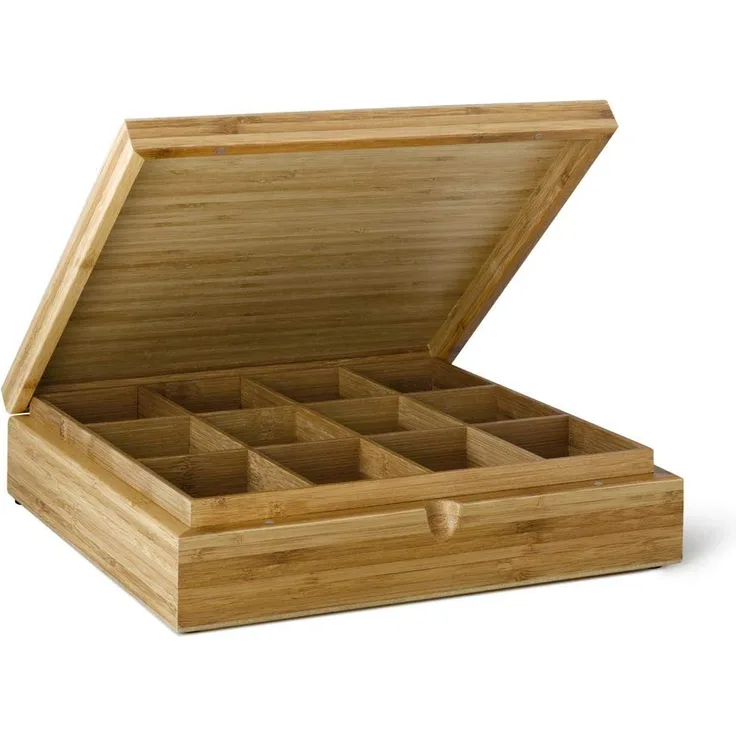 Teebeutelbox 12 Fächer ohne Sichtfenster im Deckel aus hellem Bambusholz 280x270x75mm
