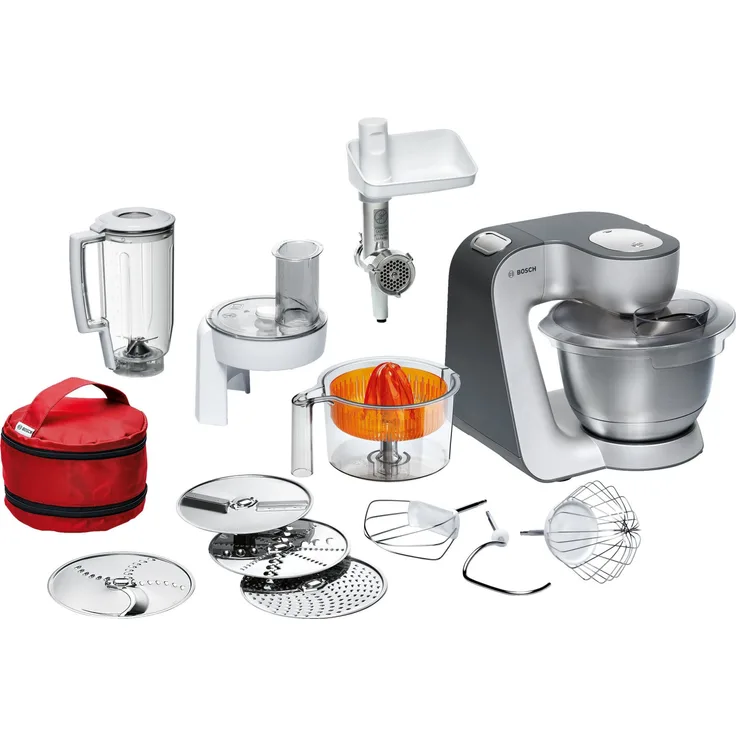 Bosch MUM56340 Styline Küchenmaschine, 900W, 3,9L Edelstahlschüssel, 7 Geschwindigkeiten, Durchlaufschnitzler, Fleischwolf, Zitruspressenaufsatz, Zubehörtasche, Serie: MUM5