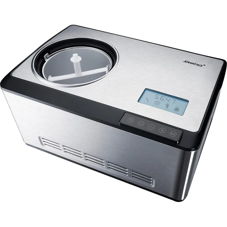 Steba IC 180 Eismaschine mit Kompressor, 180 Watt, 2 Liter, Einfüllöffnung, Sichtfenster, Timer, Edelstahl, silber