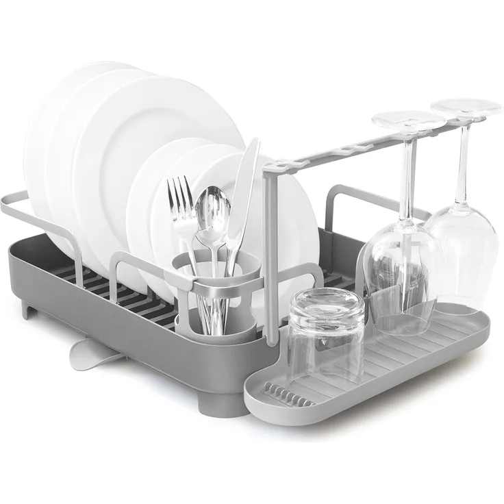 Umbra Holster Abtropfgestell mit Integriertem Tropfwasserablauf, Beweglichem Glashalter und Mehrzweck Ablagefach – Platzsparendes Abtropfgitter, Hinterlässt Kein Tropfwasser auf Arbeitsfläche, Grau