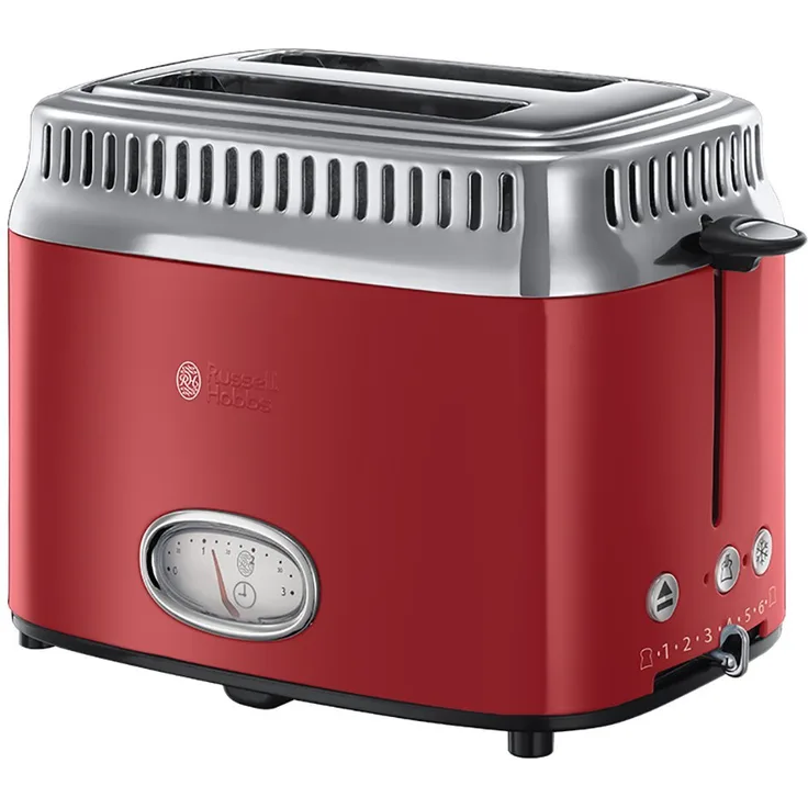 Russell Hobbs Toaster Retro Rot 21680-56 (1300W, Countdown-Anzeige im Retrodesign, Brötchenaufsatz, 6 einstellbare Bräunungsstufen + Auftau-& Aufwärmfunktion, Schnell-Toast-Technologie)