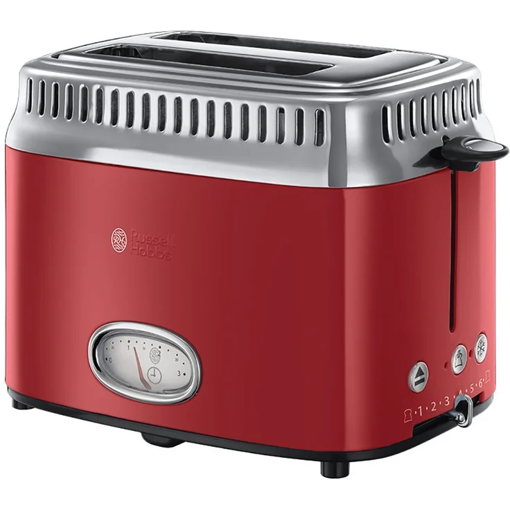 Russell Hobbs Toaster Retro Rot 21680-56 (1300W, Countdown-Anzeige im Retrodesign, Brötchenaufsatz, 6 einstellbare Bräunungsstufen + Auftau-& Aufwärmfunktion, Schnell-Toast-Technologie) – Bild 1