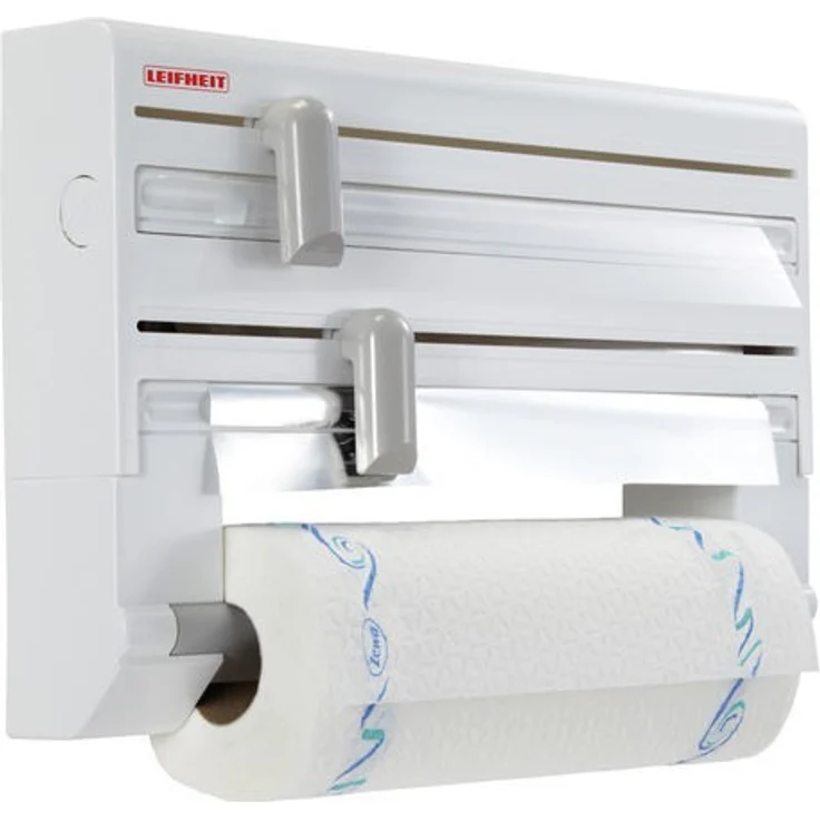 Leifheit Wandrollenhalter Parat ComfortLine-Serie für 3 Rollen, saubere Schnittkanten durch praktischen Schneidabroller, Küchenrollenhalter mit Folienschneider sorgt für griffbereite Folien-Enden – Bild 1