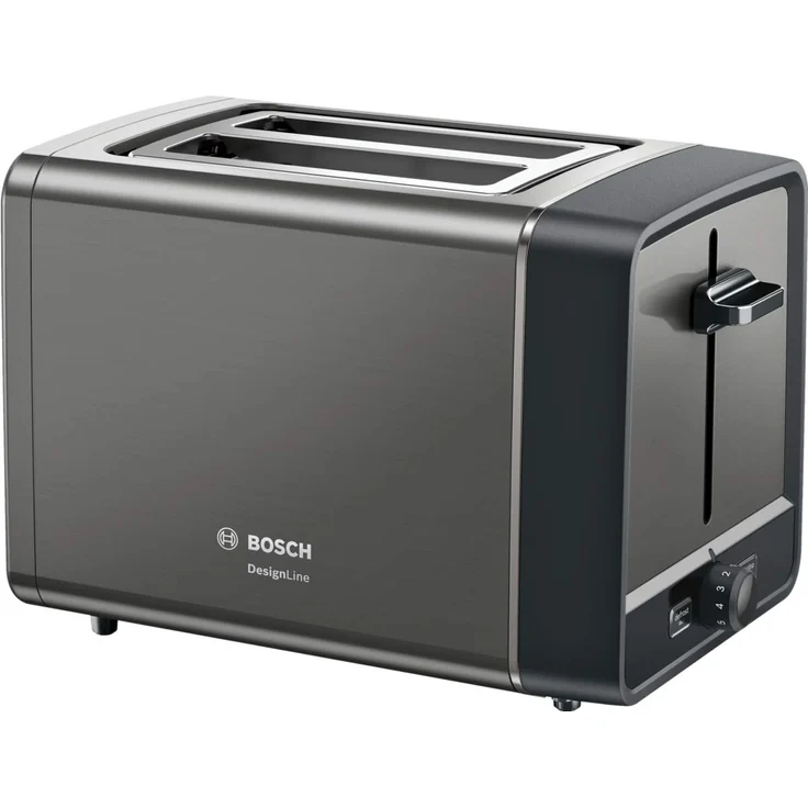 Bosch TAT5P425DE DesignLine Kompakt-Toaster, Auftau-Aufwärmfunktion, versenkbarer Brötchenaufsatz, Abschaltautomatik, 970 W, grau – Bild 1